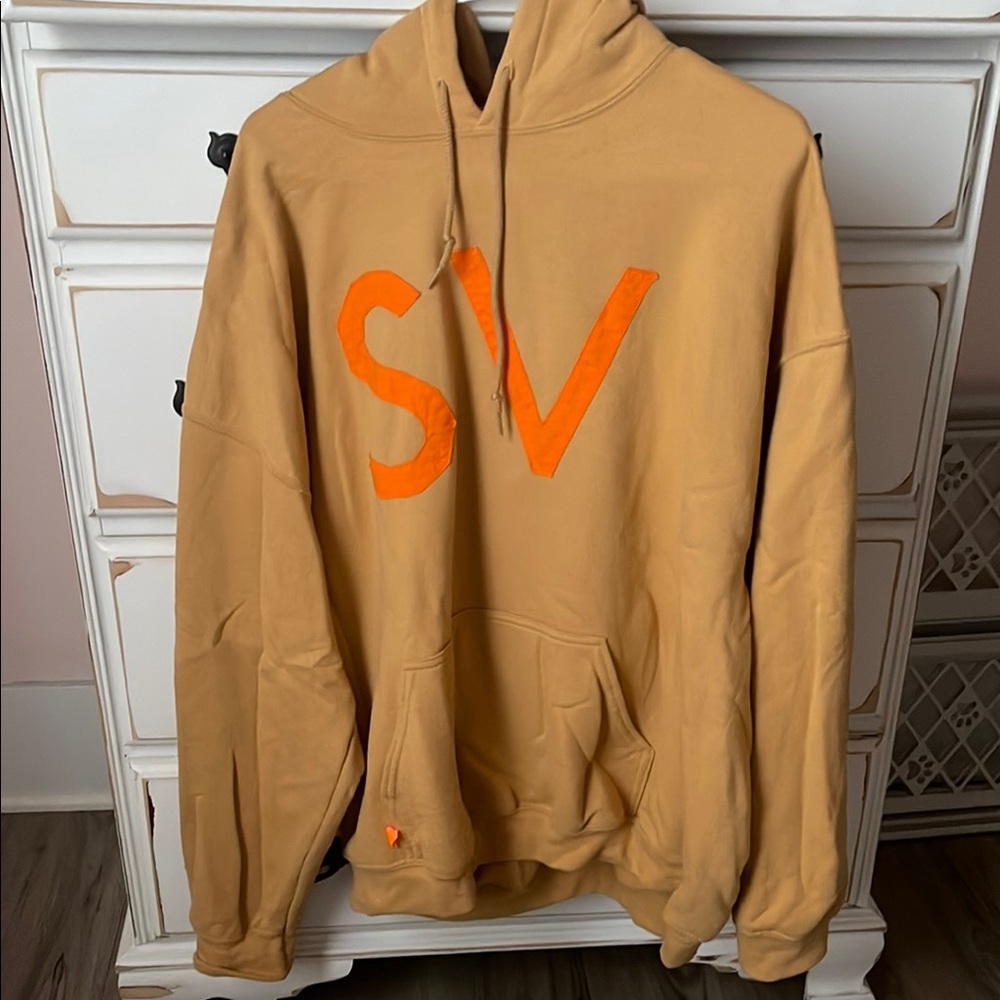 Tan and Orange Pullover Hoodie with Bold Graphic